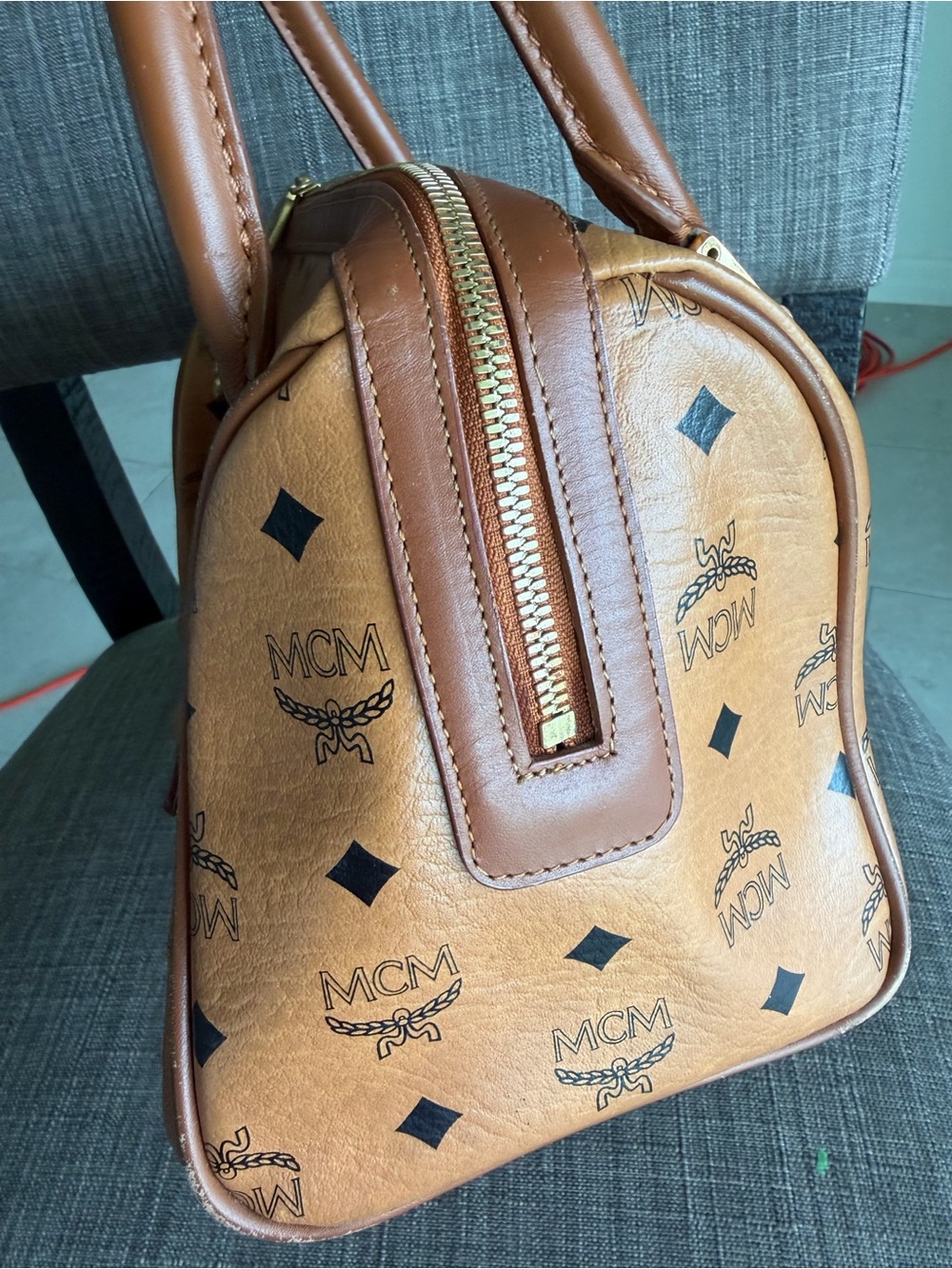 MCM Cognac Visetos Logo Satchel with Gold Hardware - Picture 6 of 12